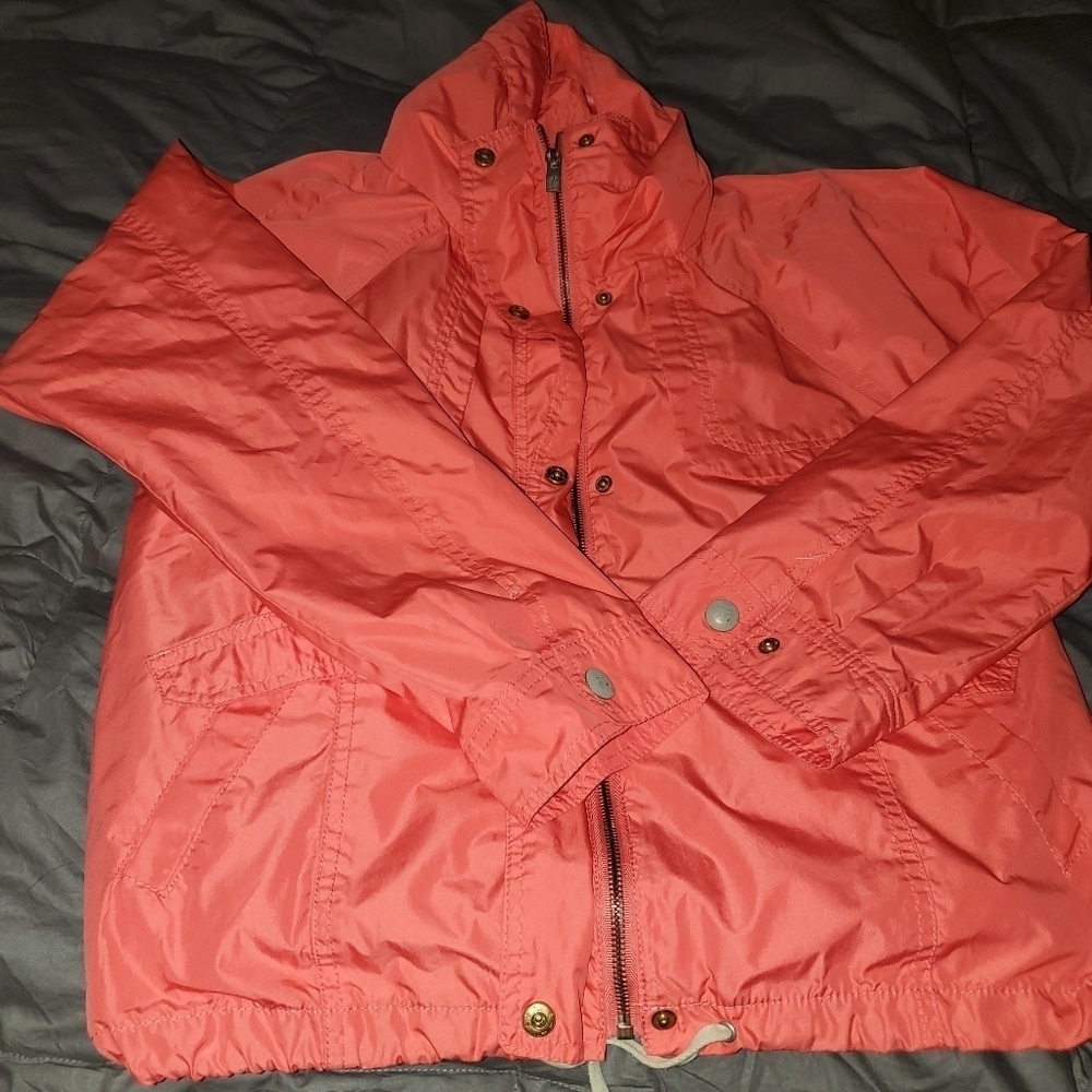 Pink envelope red drawstring zip and button up jacket. Like new